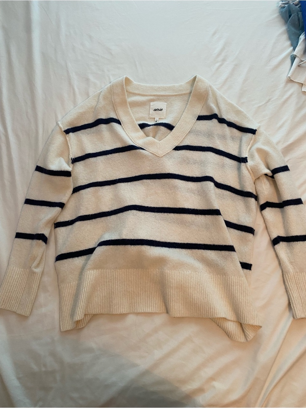 aerie Cream V-Neck Sweater with Navy Stripes